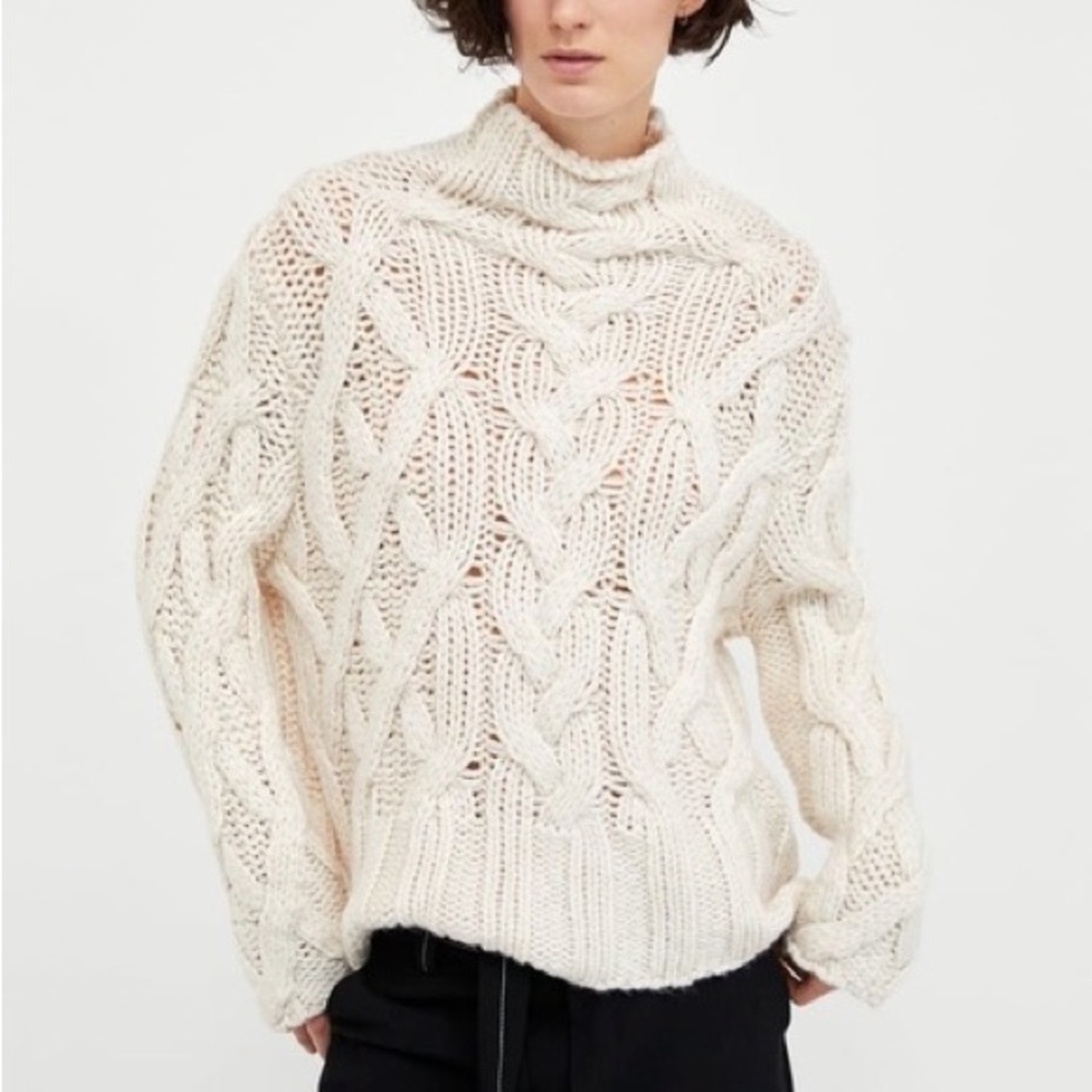 Zara Chunky Cable Knit Turtleneck Sweater Ecru